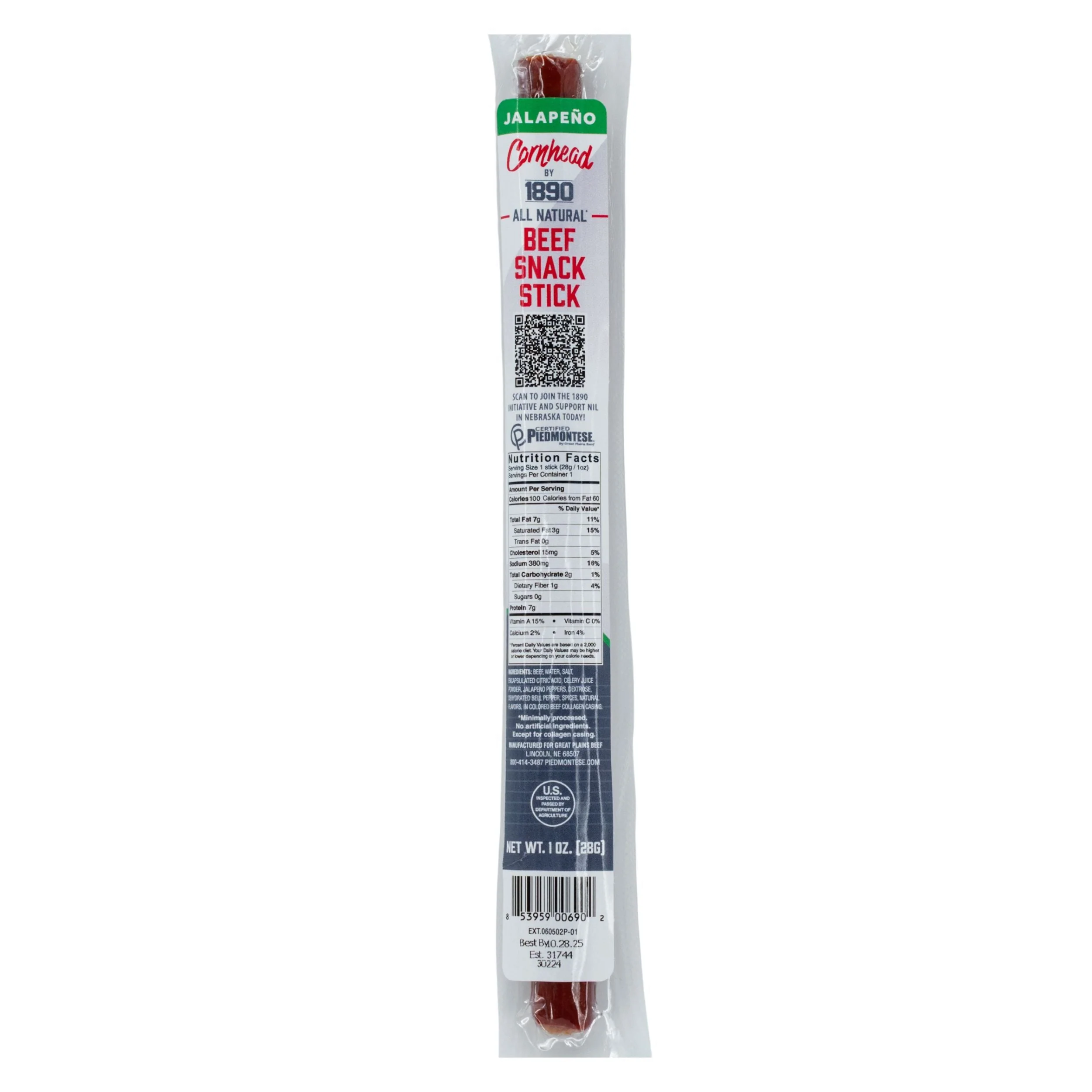 Beef Stick | 1 oz. | Jalapeño Flavor | Certified Piedmontese Beef | Grass Fed & Finished Beef | High Protein Snack | All Natural Ingredients